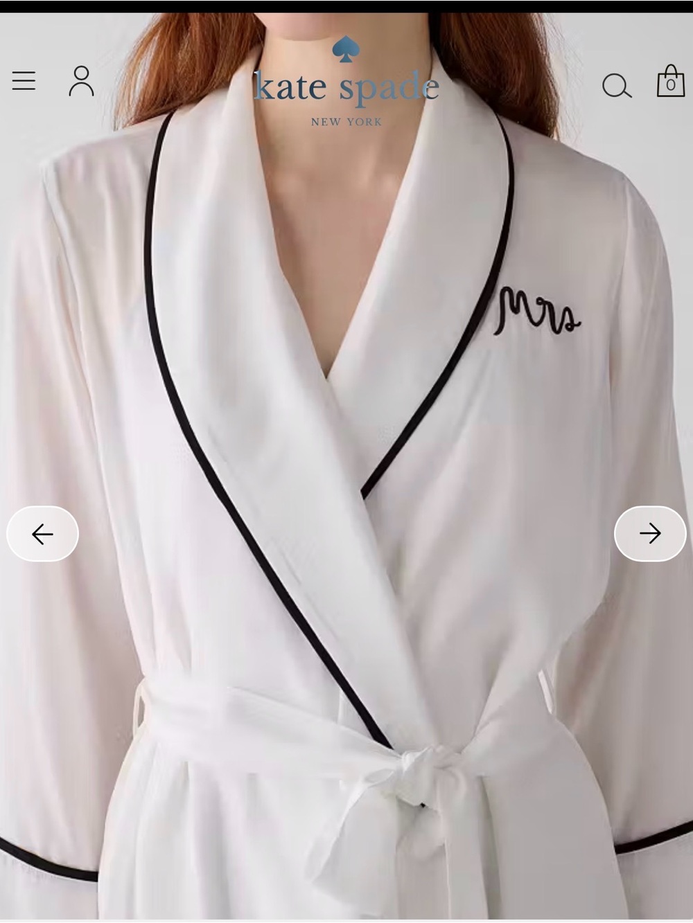 kate spade White Satin Short Robe with Black Trim and "Mrs." Embroidery - Picture 2 of 9
